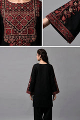 Umzy Black Lawn 2PC – Chic Embroidered Shirt with Contrast Printed Trouser (Unstitched)