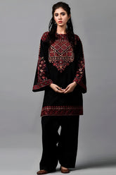 Umzy Black Lawn 2PC – Chic Embroidered Shirt with Contrast Printed Trouser (Unstitched)