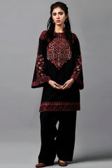 Umzy Black Lawn 2PC – Chic Embroidered Shirt with Contrast Printed Trouser (Unstitched)