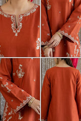 Umzy Rust Orange Lawn 2PC Embroidered Kurta & Contrast Trouser (Unstitched)