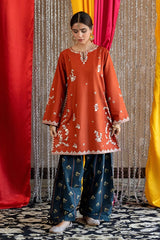 Umzy Rust Orange Lawn 2PC Embroidered Kurta & Contrast Trouser (Unstitched)