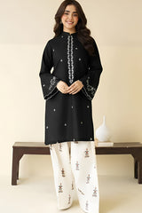 Umzy Black Lawn 2PC Suit Embroidered Shirt with Printed Trouser (Unstitched)