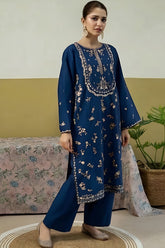 Umzy Unstitched Lawn 2PC Navy Embroidered Shirt with Trouser Patch