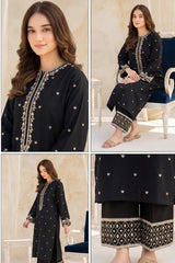 Umzy Black Lawn Suit 2PC – Premium Embroidered Unstitched Fabric (90/70)