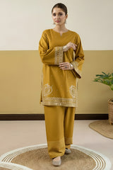 Umzy Mustard Lawn 2PC Suit Embroidered Shirt & Contrast Printed Trouser (Unstitched)