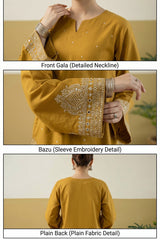 Umzy Mustard Lawn 2PC Suit Embroidered Shirt & Contrast Printed Trouser (Unstitched)