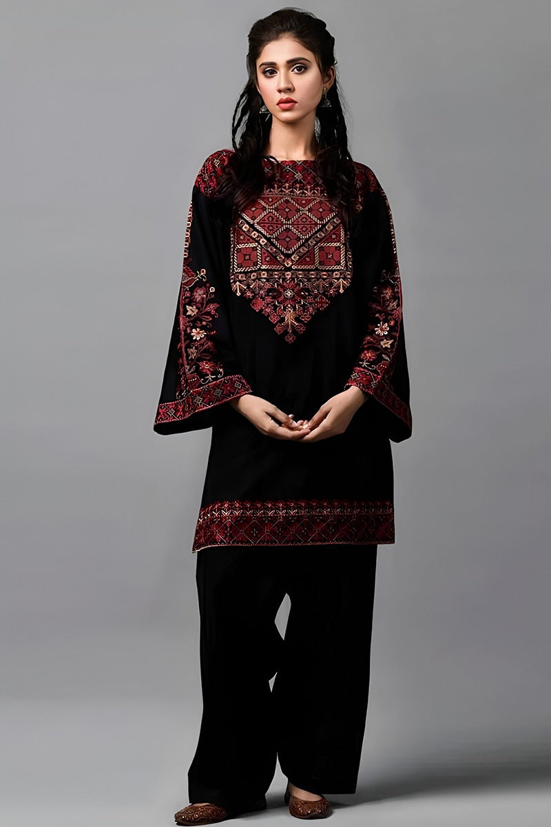 Umzy Black Lawn 2PC – Chic Embroidered Shirt with Contrast Printed Trouser (Unstitched)