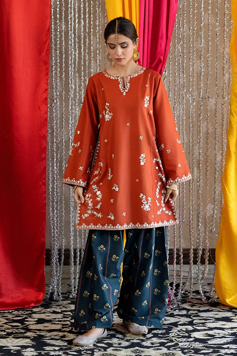 Umzy Rust Orange Lawn 2PC Embroidered Kurta & Contrast Trouser (Unstitched)
