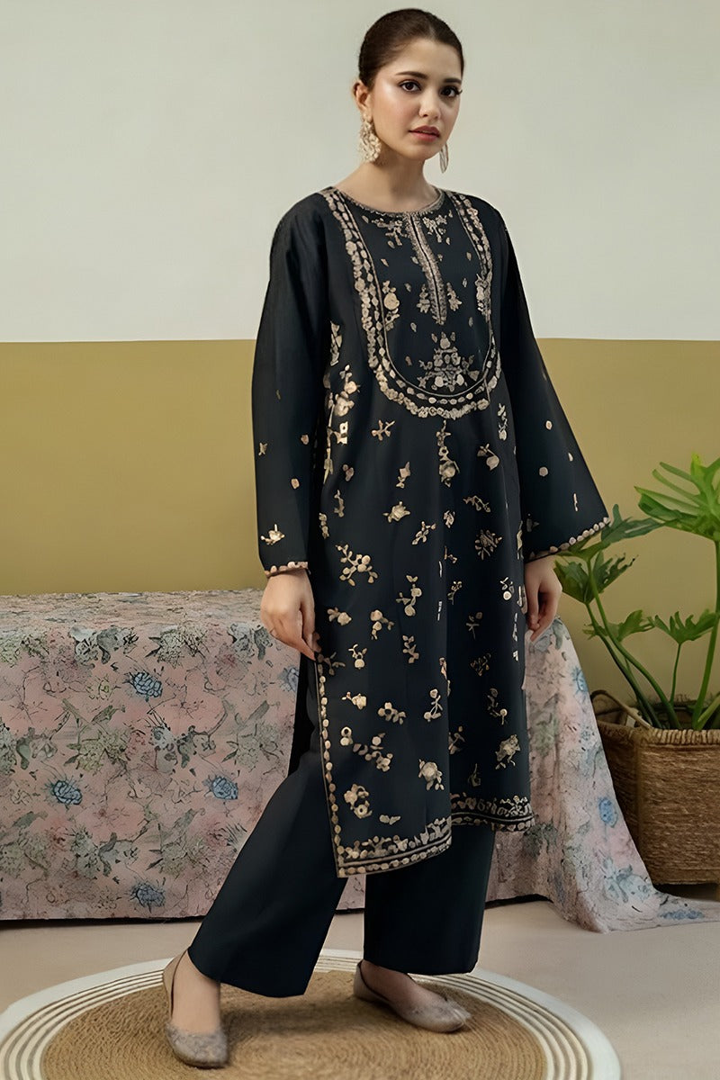 Umzy Black Lawn 2PC Suit Embroidered Shirt & Trouser Set (Unstitched)